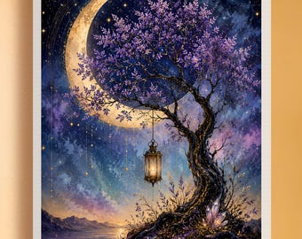 Mistyczne drzewo księżycowe do druku, cyfrowa grafika do pobrania w stylu niebiańskiej fantazji, fioletowe dekoracje nocnego nieba, sztuka półksiężyca, magiczny krajobraz