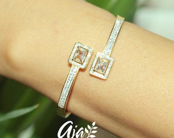 CZ Diamond and Baguette Inlay on 18K Gold Plated Stainless Steel Wide Cuff Bracelet • Statement Jewelry Gift for Her