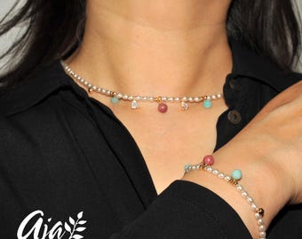 Dainty Pearl Jewelry Set Matching Necklace Bracelet Elegant Gift