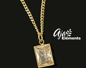18K Gold Plated Stainless Steel Necklace • Baguette CZ Diamond Pendant, Minimalist Chain