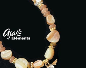 Winged Crystal Pendant Bracelet • Pearl, Tiger’s Eye, Seashell Gemstone Jewelry