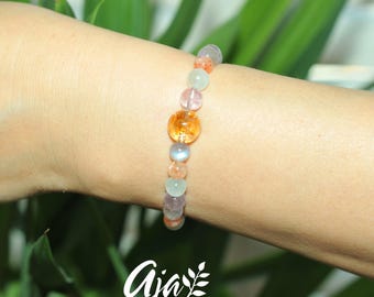 Aquamarine Arusha Sunstone Amethyst Bracelet, Hematoid Quartz Accent, Pastel Gemstone Jewelry