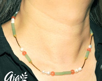 Barrel Beaded Gemstone and Natural Pearl Necklace • Minimalist Jewelry Gift for Her