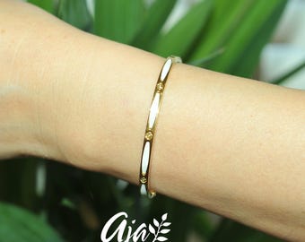 White and CZ Diamond Inlay on 18K Gold Plated Stainless Steel Hinged Bracelet • Minimalist Jewelry Gift for Her