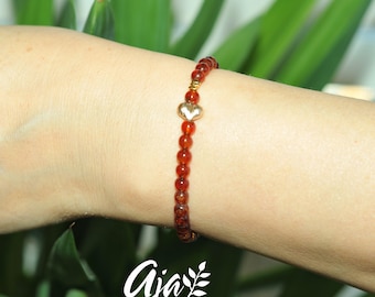 Smooth Garnet Bead Bracelet • Heart of Gold Accent • Minimalist Jewelry