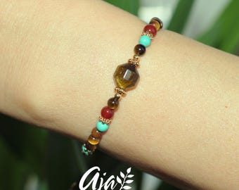 Tiger’s Eye Turquoise Agate Beaded Stretch Bracelet • Minimalist Gemstone Jewelry Gift for Her