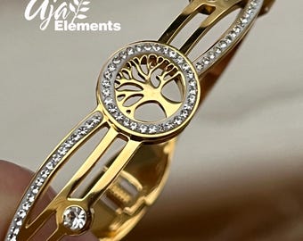 Tree Motif 18K Gold Plated Cuff Bracelet • CZ Diamonds • Statement Jewelry for Her