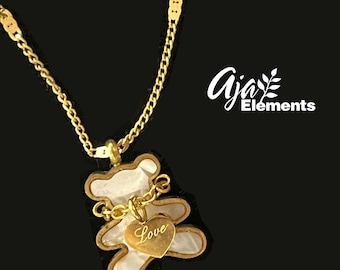 18K Gold Plated Teddy Bear Necklace • Oyster Shell Inlay, Heart Charm, Minimalist Jewelry