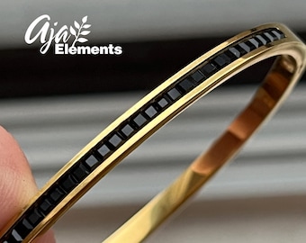 Black Stones Inlay 18K Gold Plated Stainless Steel Hinged Bracelet • Minimalist Jewelry Gift for Her