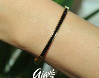 Black Inlay 18K Gold Plated Hinged Bracelet • Minimalist Jewelry Gift for Her