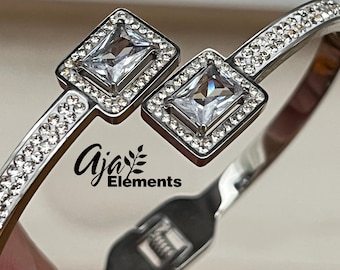 Platinum-Tone Bracelet Crossover Cuff with CZ Diamond and Baguette Accents • Statement Jewelry for Her