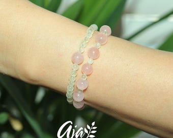 Set of Rose Quartz & Prehnite Stretch Beaded Bracelets • Minimalist Gemstone Jewelry Gift for Her