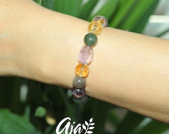 Green Rutilated Quartz & Citrine Stretch Bracelet with Amethyst Accent Gemstone • Jewelry Gift for Her