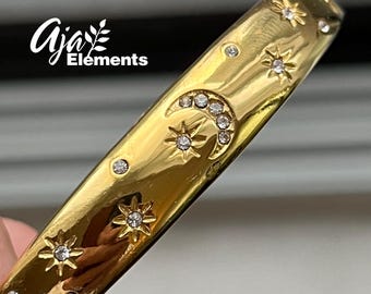 Celestial Moon & Stars Bracelet 18K Gold Plated Hinged with CZ Diamond Accents • Minimalist Jewelry Gift for Her