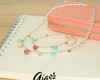 Set - Pearl Necklace & Bracelet Set Minimalist Jewelry Gift for Her