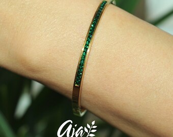 Green Rectangular Inlay on 18K Gold Plated Hinged Bracelet • Minimalist Jewelry Gift for Her