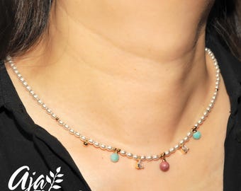 Pearl Beaded Necklace with gemstones and Crystal Glass Diamonds • Minimalist Jewelry Gift for Her