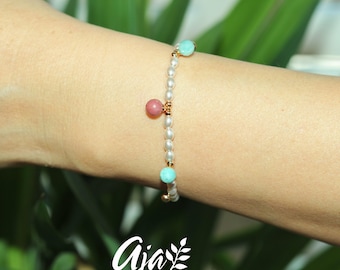 Pearl Beaded Adjustable Bracelet with Gemstones • Minimalist Jewelry Gift for Her