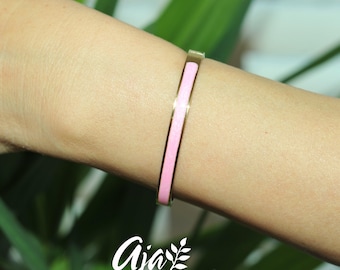 Pink Inlay on 18K Gold Plated Stainless Steel Hinged Bracelet • Minimalist Jewelry Gift for Her