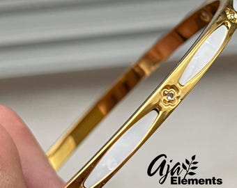 White Shell and CZ Diamond Inlay on 18K Gold Plated Stainless Steel Hinged Bracelet • Minimalist Jewelry Gift for Her