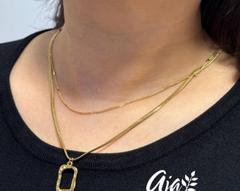 18K Gold Plated Layered Necklace • Chunky Open Frame Pendant, Minimalist Choker