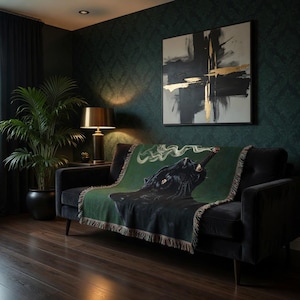 Smoking Black Panther Blanket - Woven Throw with Cigar, Dark Green Gothic Jungle Cat Decor, Home Gift