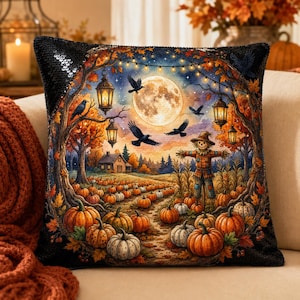 Moonlit Pumpkin Patch Sequin Pillow, Reversible Black Halloween Pillow, Scarecrow Raven Fall Decor, Autumn Pillow 16x16