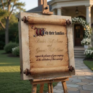 May include: A wedding announcement sign on an easel. The sign features a scroll design with ornate lettering. The text reads "With their families, Bride's Full Name and Groom's Full Name request the pleasure of your company at the celebration of their marriage."