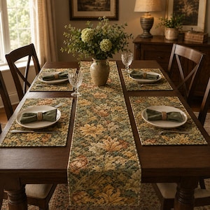 May include: A dining table set featuring a quilted table runner and four matching rectangular placemats, all decorated with a detailed floral and leaf pattern in shades of green, gold, and brown. Each place setting includes a white plate and napkin.