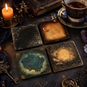 May include: Four square coasters featuring celestial designs. One is dark with gold filigree, one shows a golden crescent moon on a parchment-like background, one depicts a teal starry night sky with clouds, and one shows a golden full moon with clouds.
