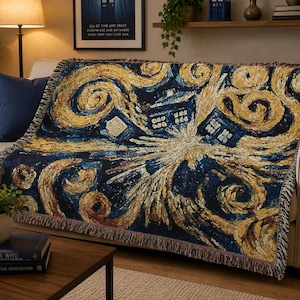 Exploding TARDIS Woven Blanket, Doctor Who Inspired Cotton Throw, Fandom Home Decor