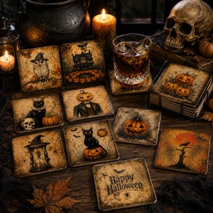 May include: A set of square drink coasters featuring vintage-style Halloween illustrations, including an owl, a black cat, a pumpkin-headed figure, a haunted house, and an hourglass. One coaster displays the text Happy Halloween with a spiderweb.