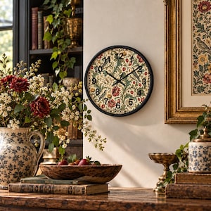 May include: A round wall clock with a black frame and a cream-colored face featuring a detailed botanical pattern of red flowers, green leaves, and small birds. The clock has black numerals and thin black hour, minute, and second hands.