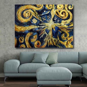 May include: An oil painting depicts a blue police box, reminiscent of the TARDIS from Doctor Who, amidst swirling yellow and blue brushstrokes, in the style of Van Gogh's "Starry Night". The artwork is displayed above a light blue sofa.