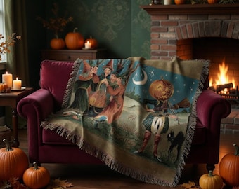 Vintage Halloween Woven Throw Blanket – Retro Witches Pumpkin Creature Tapestry Couch Decor