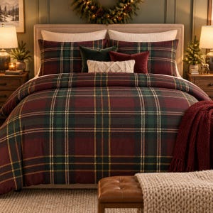 Plaid Tartan Pattern #2 Cotton Duvet Cover | Burgundy Green Classic Check