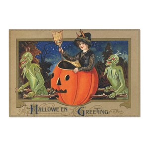 Alfombra vintage de Halloween con calabaza y bruja / Ilustración de felicitación retro