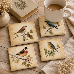 May include: A set of four square coasters featuring vintage-style illustrations of various birds perched on branches. Each coaster displays a unique bird species with detailed plumage in shades of brown, blue, orange, and black against a beige background.