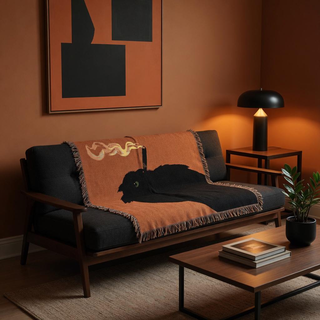 Cozy Black Owl Smoke Throw Blanket - Woven Jacquard Afghan, Warm Orange Witchy Owl Decor for Home
