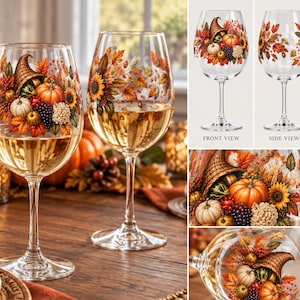 Autumn Harvest Cornucopia Pattern #1 Wine Glass | 12oz Thanksgiving fall leaves