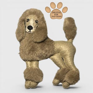May include: A plush, tan poodle toy with a detailed face, including black eyes and nose. The poodle has a fluffy coat and is posed in a standing position. The image includes a paw print graphic with the text "DIGITAL PDF PATTERN".
