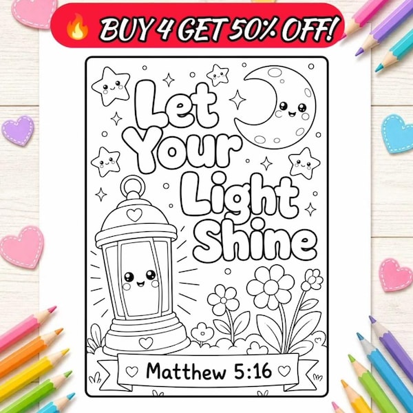 Let your Light Shine Malseite - Matthäus 5:16 Bibelvers zum Ausdrucken (PDF PNG)