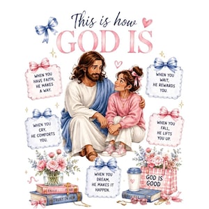Pode incluir: Ilustração em aquarela com Jesus e uma menina, rodeados de texto. O texto inclui frases como "This is how God is" e mensagens inspiradoras. Acentos rosa e azul e elementos florais enriquecem o design.