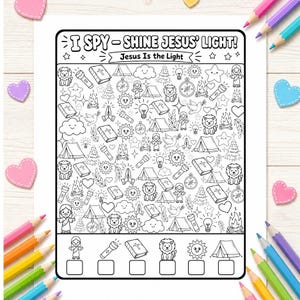 May include: A black and white I Spy activity sheet titled I SPY - SHINE JESUS' LIGHT! and Jesus Is the Light. The page features various line art illustrations including lions, flashlights, bibles, tents, suns, and doves with counting boxes.