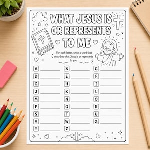 Puede incluir: Hoja de actividades en blanco y negro con el texto "WHAT JESUS IS OR REPRESENTS TO ME". La hoja incluye espacios para escribir palabras, junto con ilustraciones de una Biblia y Jesús. Se ven lápices de colores y una planta.