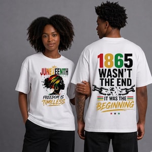 May include: White t-shirts with graphic designs. One shirt features "Juneteenth" with a woman's silhouette and the text "Freedom is Timeless." The other shirt displays "1865 Wasn't the End" with broken chains and "It Was the Beginning."