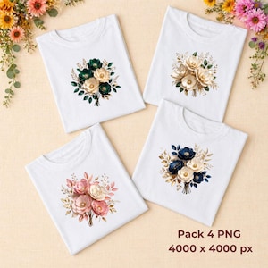 May include: Four white t-shirts, each featuring a floral bouquet design. The bouquets vary in color, including green, gold, pink, and navy blue flowers. The text "Pack 4 PNG 4000 x 4000 px" is visible in the lower right corner.