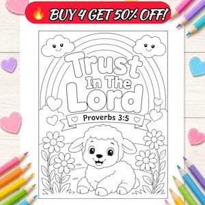 May include: Black and white coloring page with the text "Trust In The Lord Proverbs 3:5" above a cartoon lamb, rainbow, clouds, and flowers. The top banner reads "BUY 4 GET 50% OFF!" surrounded by colorful pencils and heart-shaped stickers.