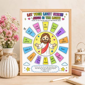 May include: A framed print featuring the text "LET YOUR LIGHT SHINE! JESUS IS THE LIGHT!" and an illustration of Jesus. The print includes prompts such as "LOVE OTHERS" and "BE KIND" and a Bible verse, designed for colouring.