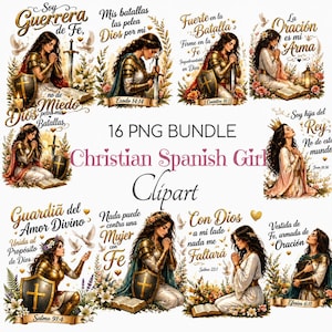 May include: A digital collection of 16 PNG clipart images featuring illustrations of women in prayer, some wearing armor with shields and swords, surrounded by floral elements, doves, and Spanish religious text. The set is titled 16 PNG BUNDLE.
